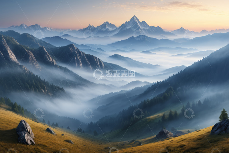 高清大图下载【趣麦麦图】晨曦中的山峦与雾景