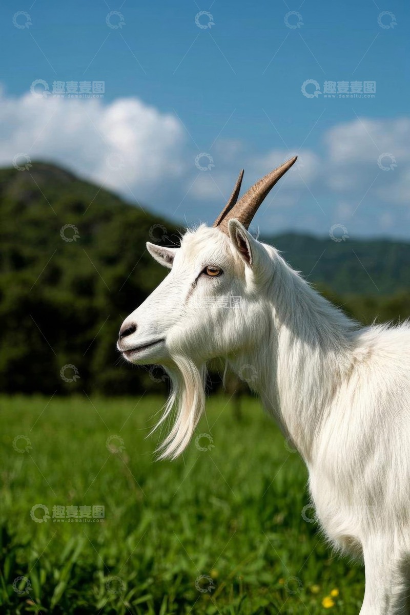 高清大图下载【趣麦麦图】草地中的白色山羊特写