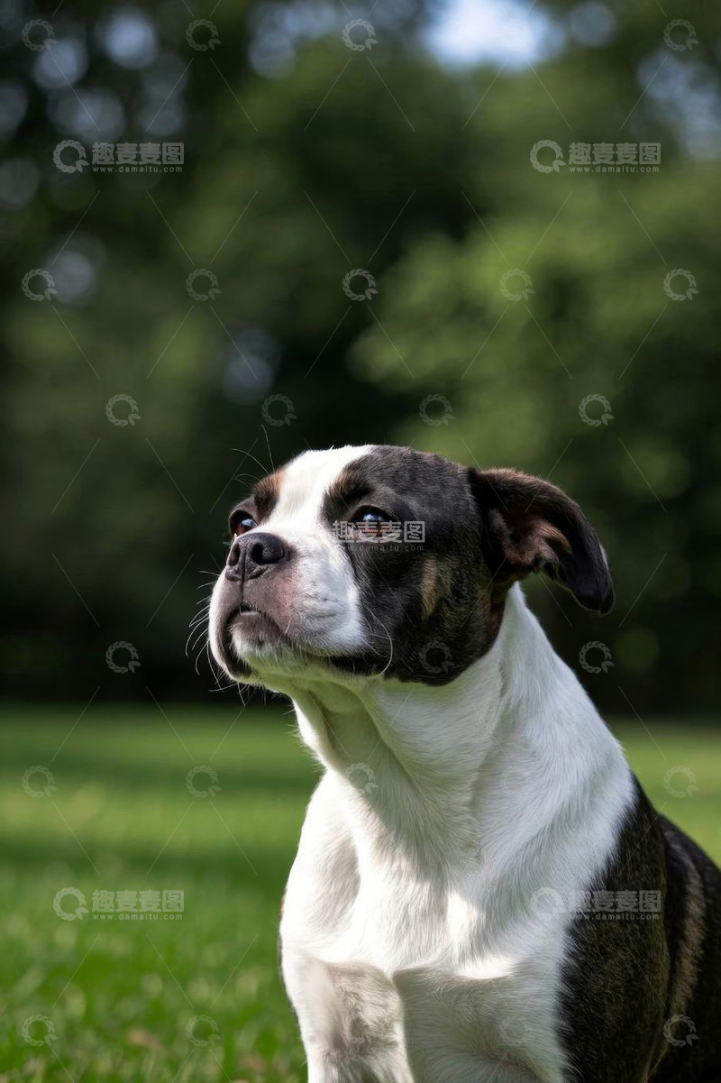 高清大图下载【趣麦麦图】草地中黑白相间的狗抬头凝望