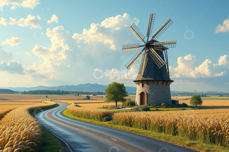 高清大图下载【趣麦麦图】田野间的风车景观