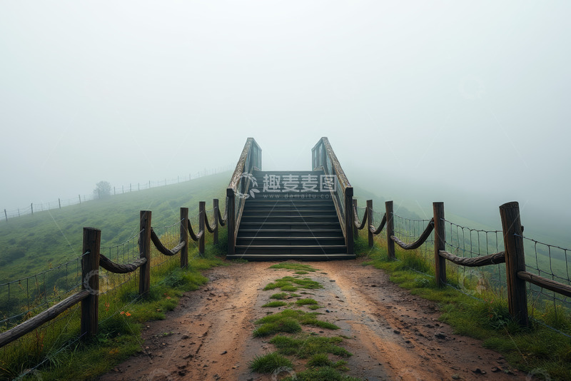 高清大图下载【趣麦麦图】雾中草地木阶梯风景