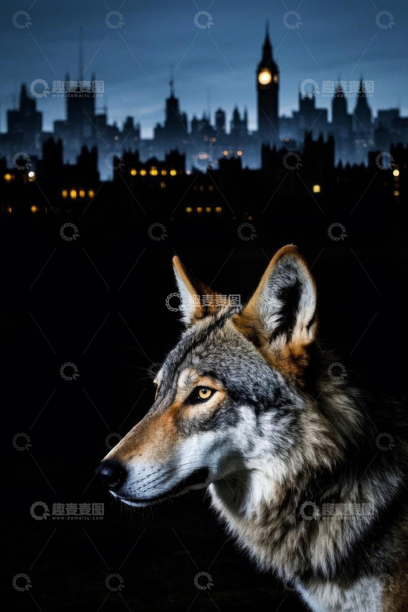 高清大图下载【趣麦麦图】城市背景下的狼特写