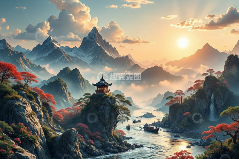 高清大图下载【趣麦麦图】山水间的中式亭阁风景