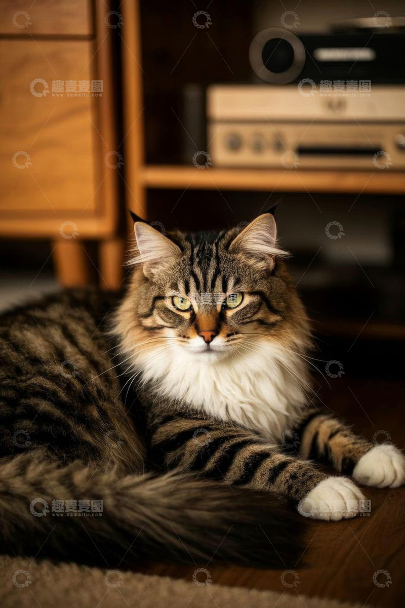 高清大图下载【趣麦麦图】室内长毛虎斑猫趴卧特写