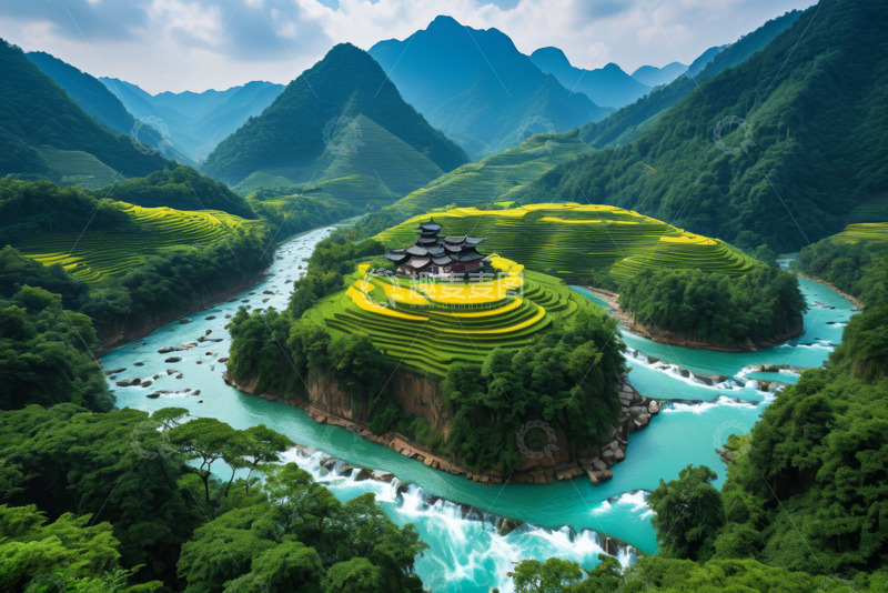 高清大图下载【趣麦麦图】山间梯田河流与古建筑景观