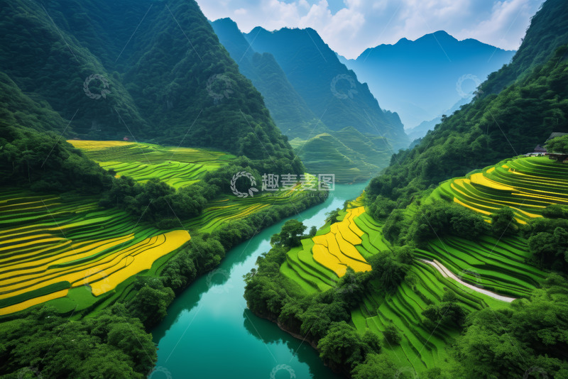 高清大图下载【趣麦麦图】山间河流旁的梯田自然风光