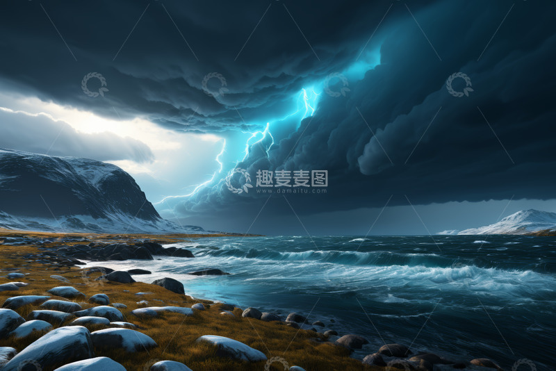 高清大图下载【趣麦麦图】海边雷电交加的自然风光