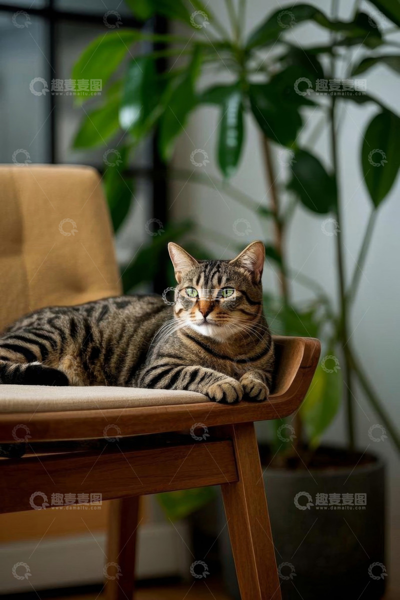 高清大图下载【趣麦麦图】条纹猫趴坐椅子上