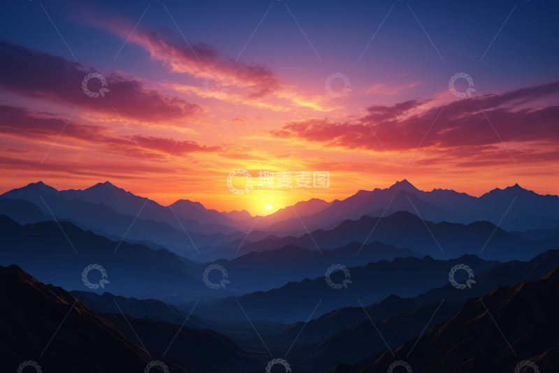 高清大图下载【趣麦麦图】山间日落壮丽景色