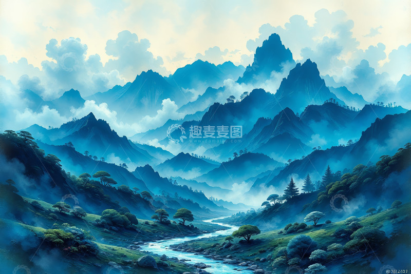 高清大图下载【趣麦麦图】山间河流云雾缭绕风景
