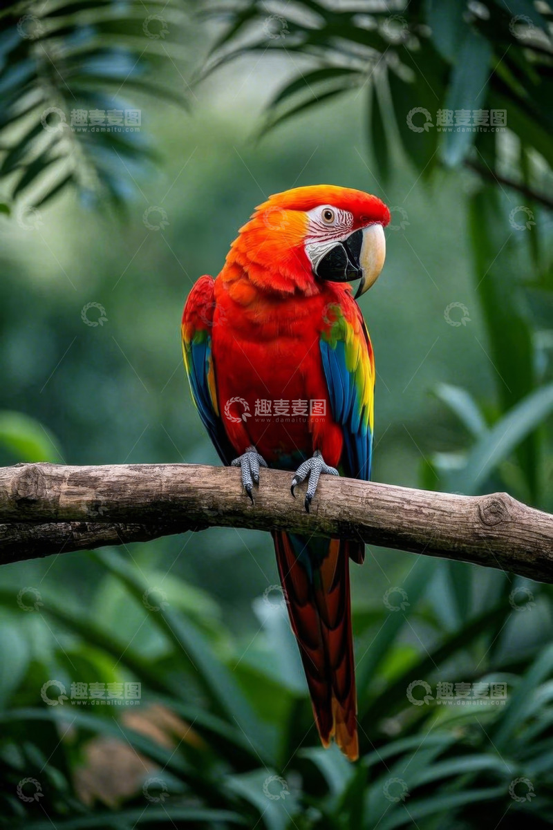 高清大图下载【趣麦麦图】枝头站立的彩色金刚鹦鹉