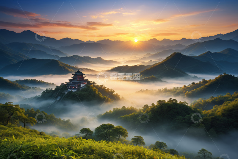 高清大图下载【趣麦麦图】山间古建筑日出风光