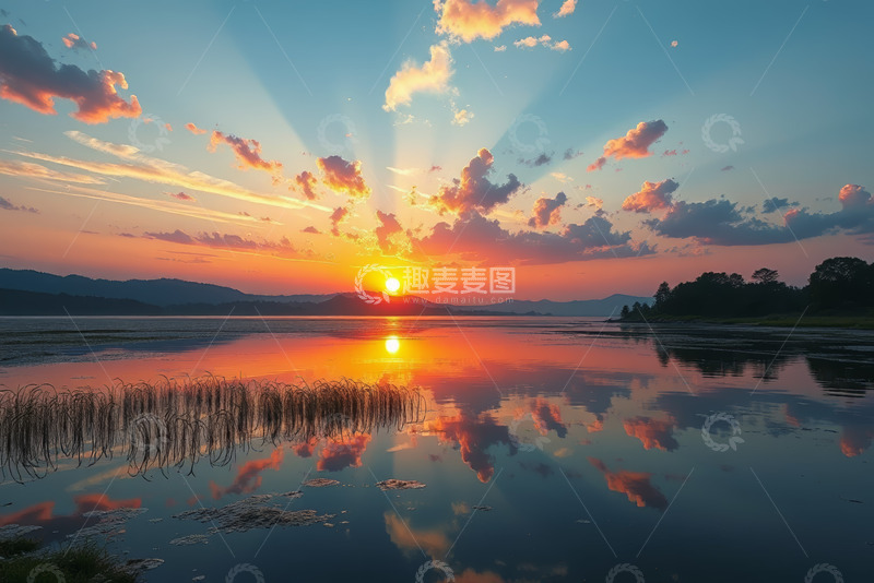 高清大图下载【趣麦麦图】湖畔日落自然风光全景