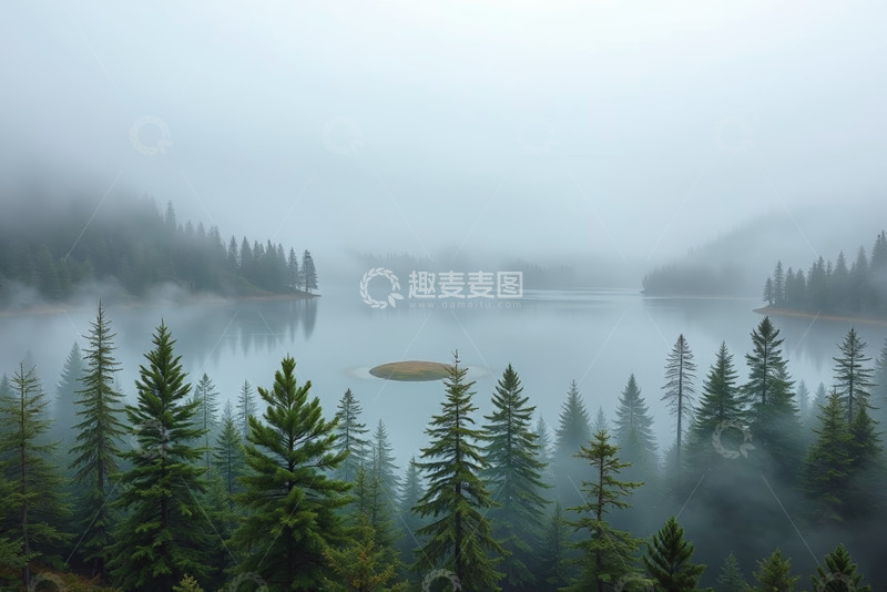 高清大图下载【趣麦麦图】雾中森林湖泊自然景观