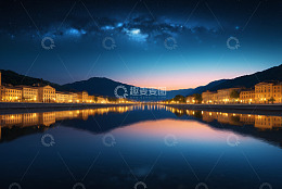河畔夜景星空与建筑倒影