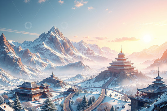 雪山下的中式古建筑景观