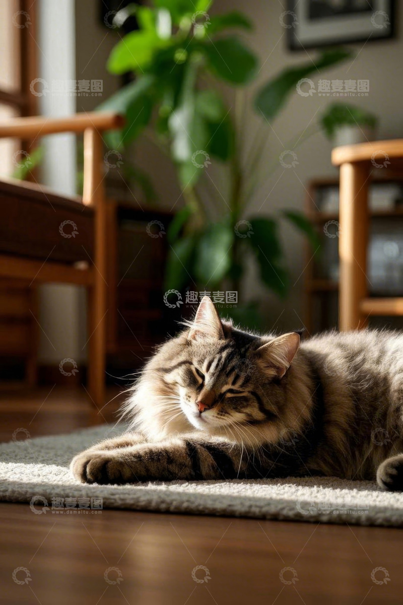 高清大图下载【趣麦麦图】室内地毯上休憩的长毛猫
