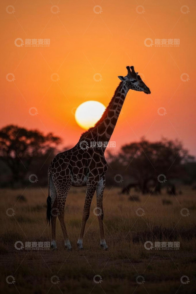 高清大图下载【趣麦麦图】夕阳下草原上的长颈鹿