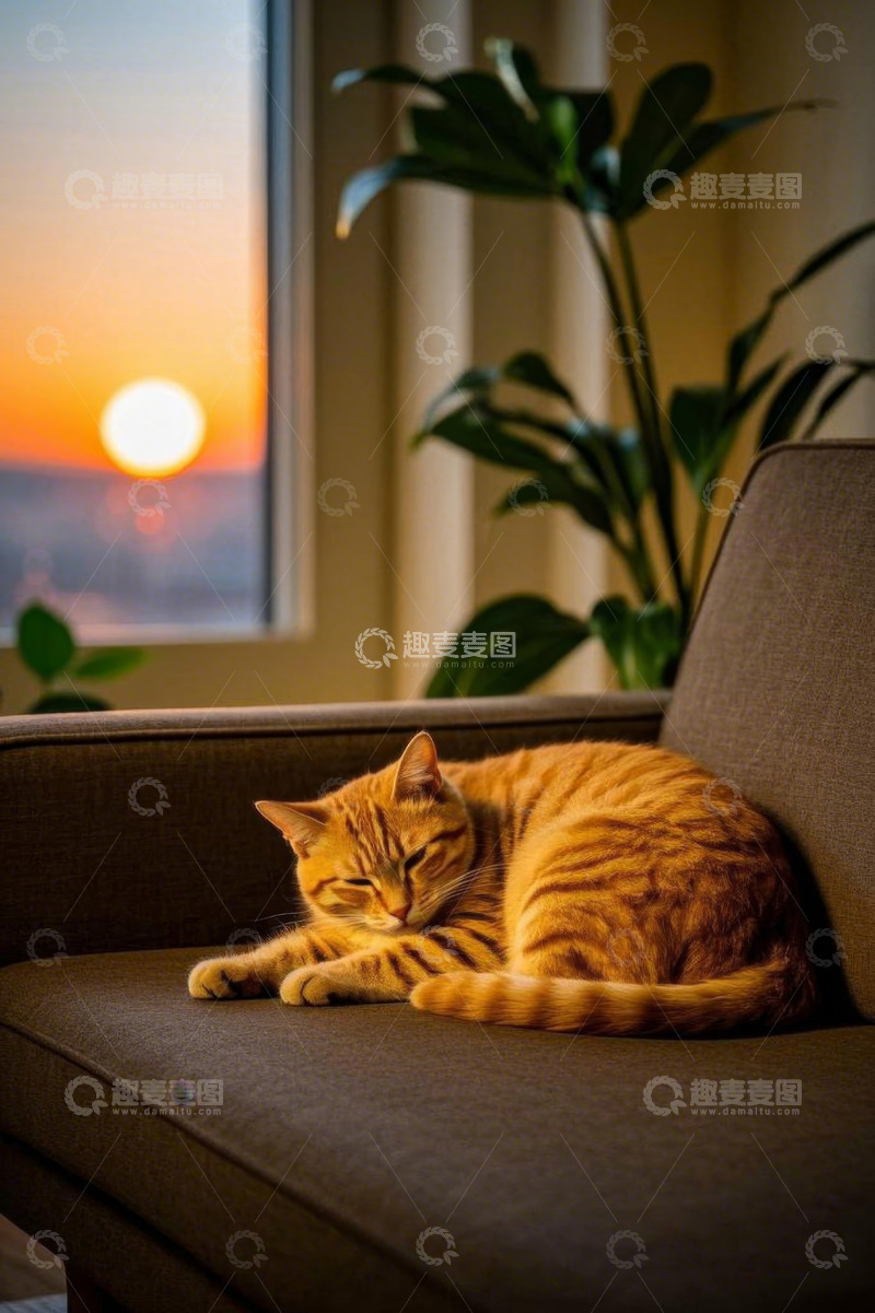 高清大图下载【趣麦麦图】夕阳下沙发上休憩的猫咪