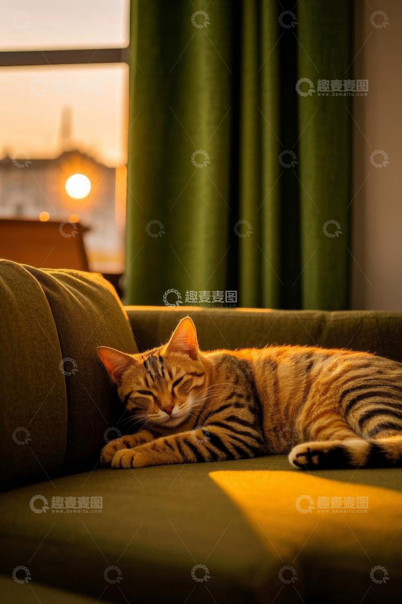 高清大图下载【趣麦麦图】沙发上小憩的虎斑猫