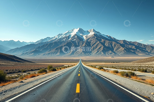 雪山前延伸的空旷道路