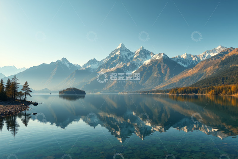 高清大图下载【趣麦麦图】宁静湖泊与远处雪山自然风光