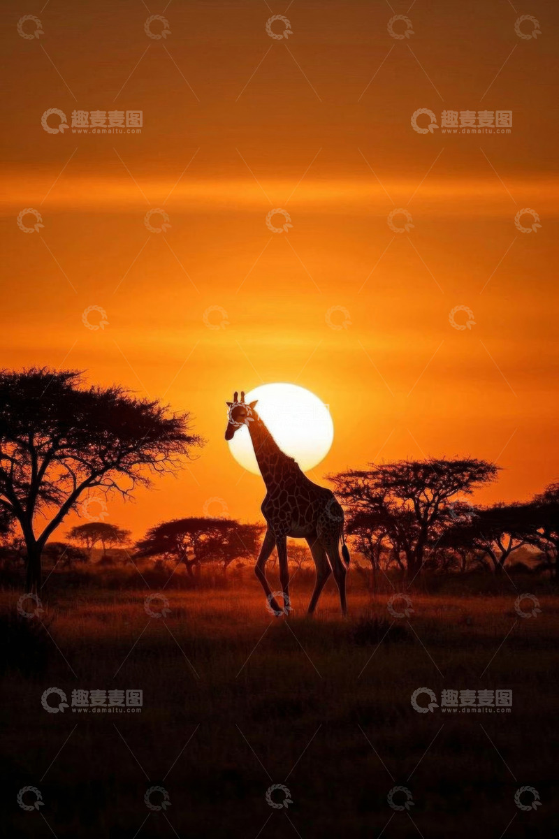 高清大图下载【趣麦麦图】非洲草原长颈鹿夕阳下漫步