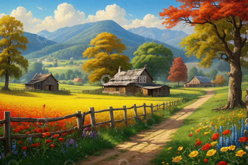 高清大图下载【趣麦麦图】田园乡村风景小路与木屋