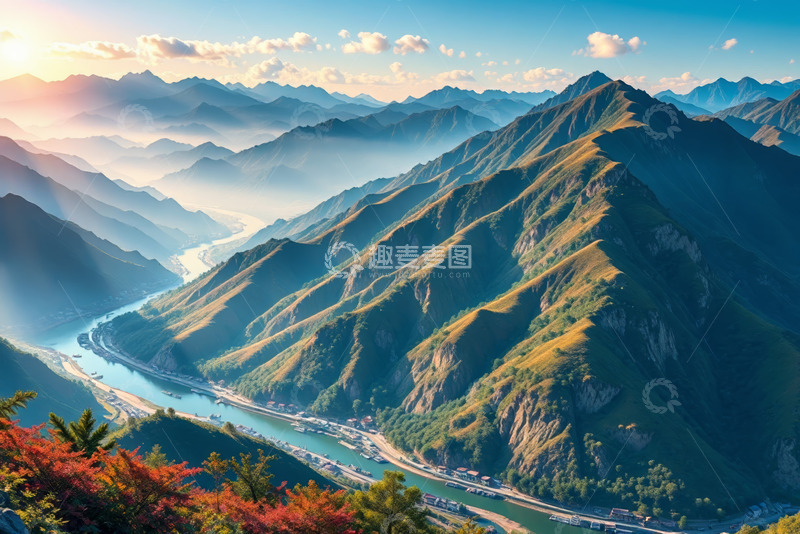 高清大图下载【趣麦麦图】山间河流自然风光全景