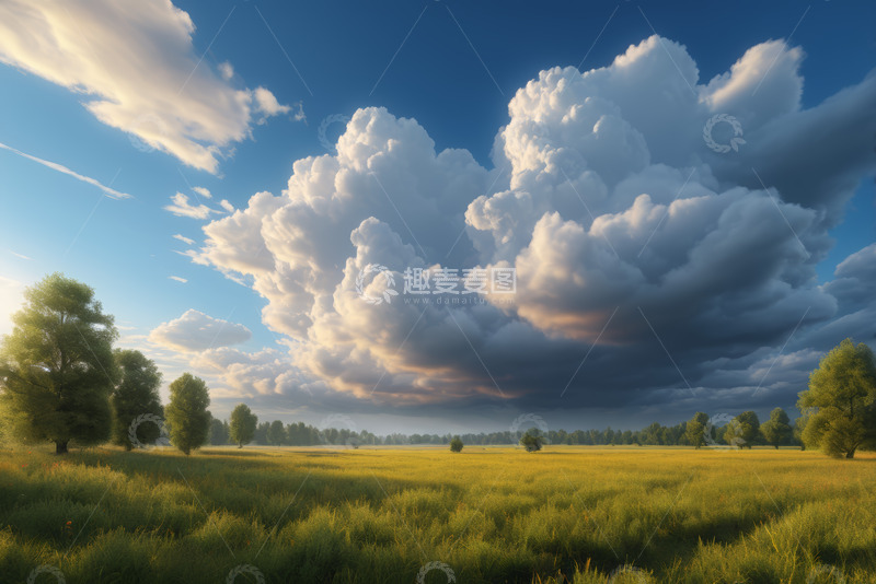 高清大图下载【趣麦麦图】户外草地与天空中的大片云朵