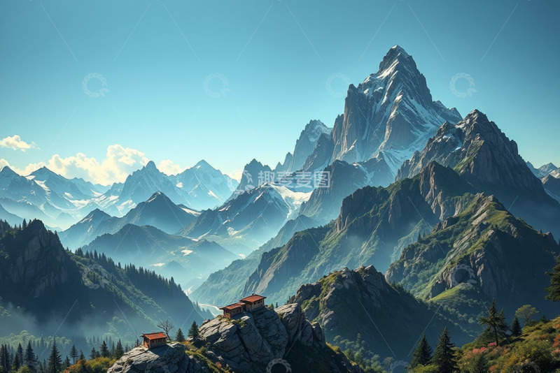 高清大图下载【趣麦麦图】雪山下的山间小屋风景