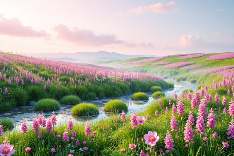 高清大图下载【趣麦麦图】田野间粉色花海与溪流景观