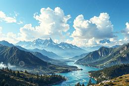 蓝天白云下的山川河流风光