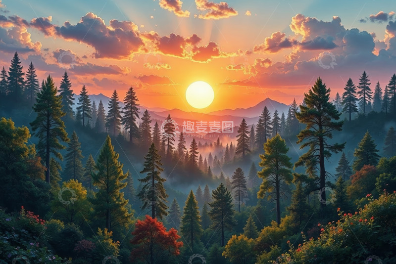 高清大图下载【趣麦麦图】森林日出自然景观