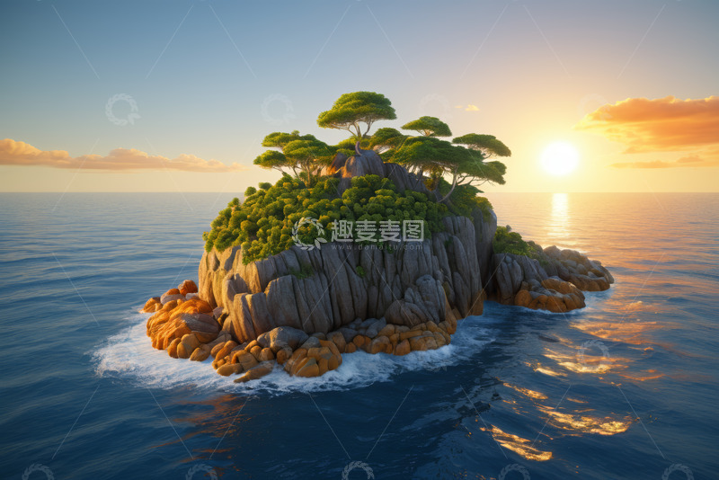 高清大图下载【趣麦麦图】海上孤岛日落全景