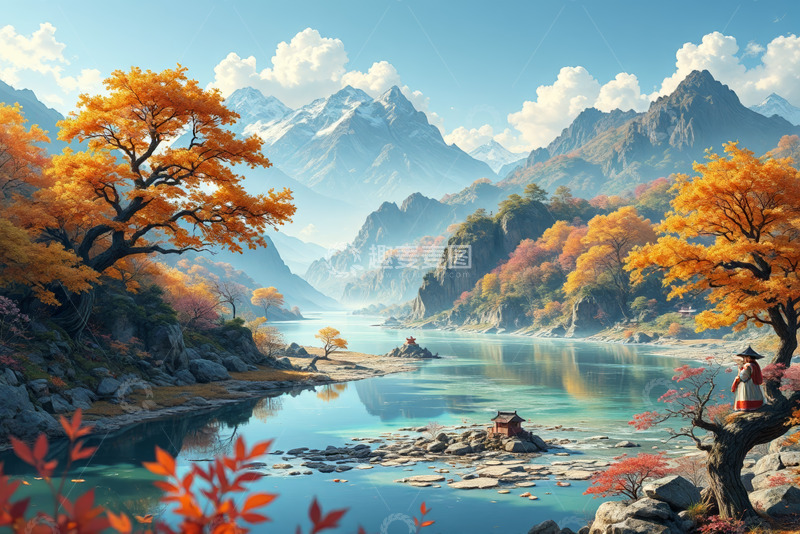 高清大图下载【趣麦麦图】秋日山水间古装人物观景图