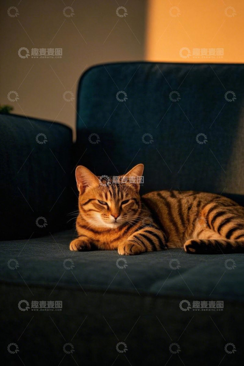 高清大图下载【趣麦麦图】沙发上休憩的虎斑猫
