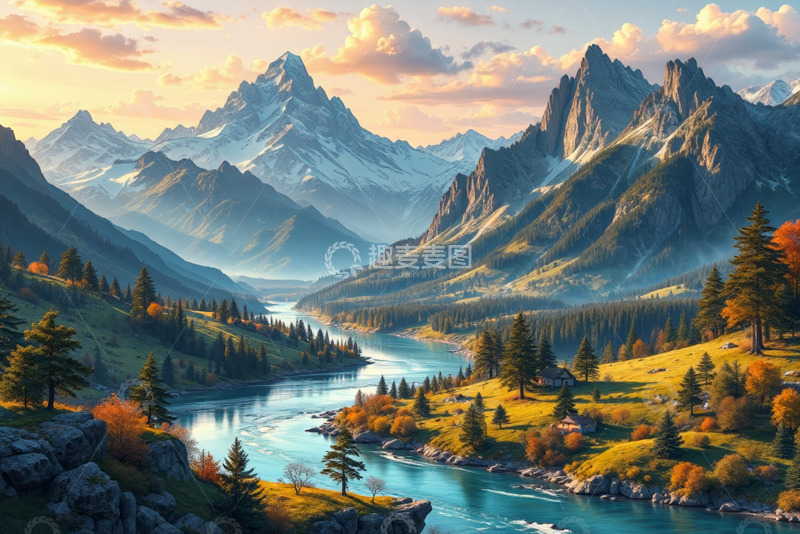 高清大图下载【趣麦麦图】山谷河流与山脉自然风光