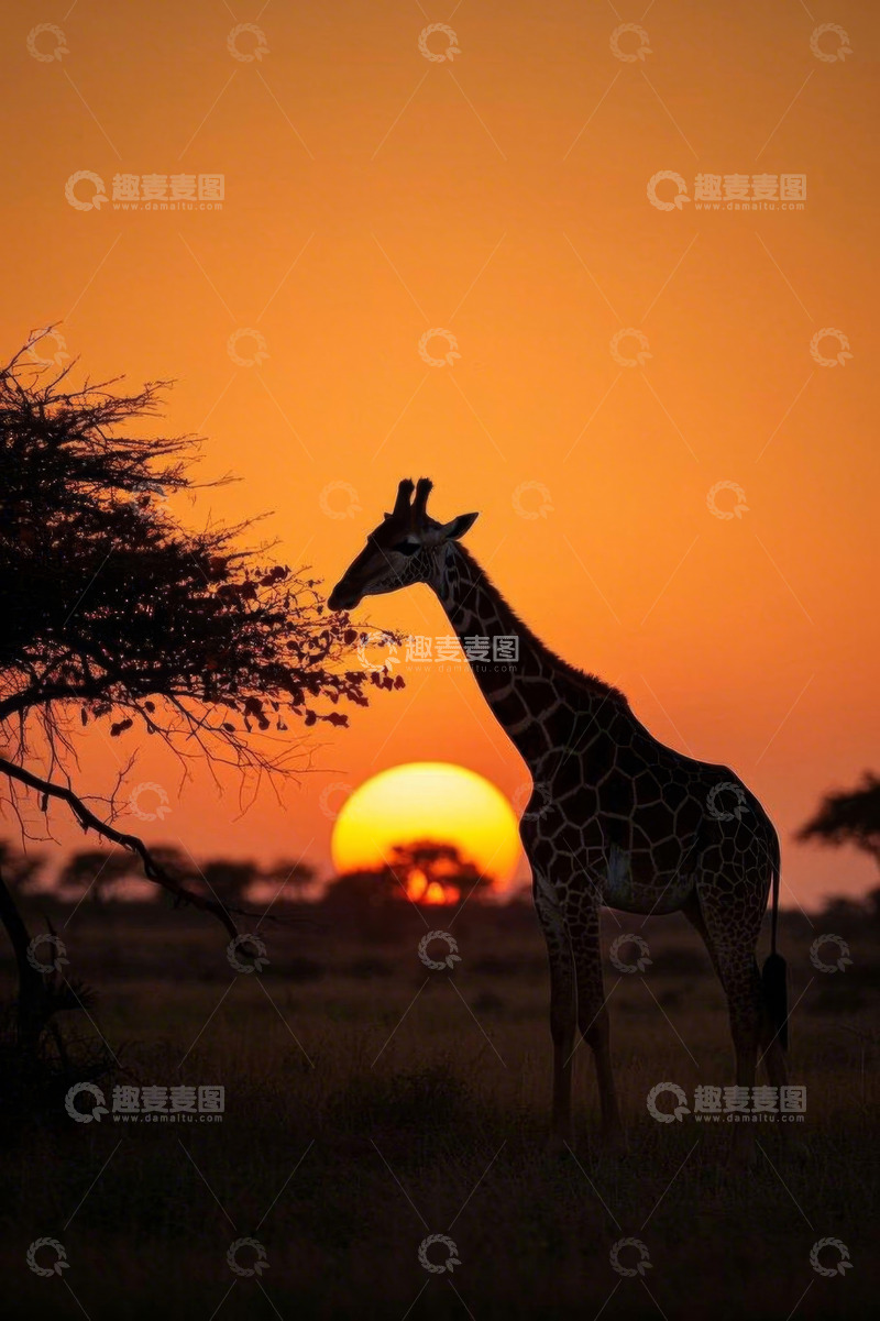 高清大图下载【趣麦麦图】非洲草原长颈鹿日落剪影