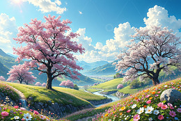 春日山坡樱花与繁花风景