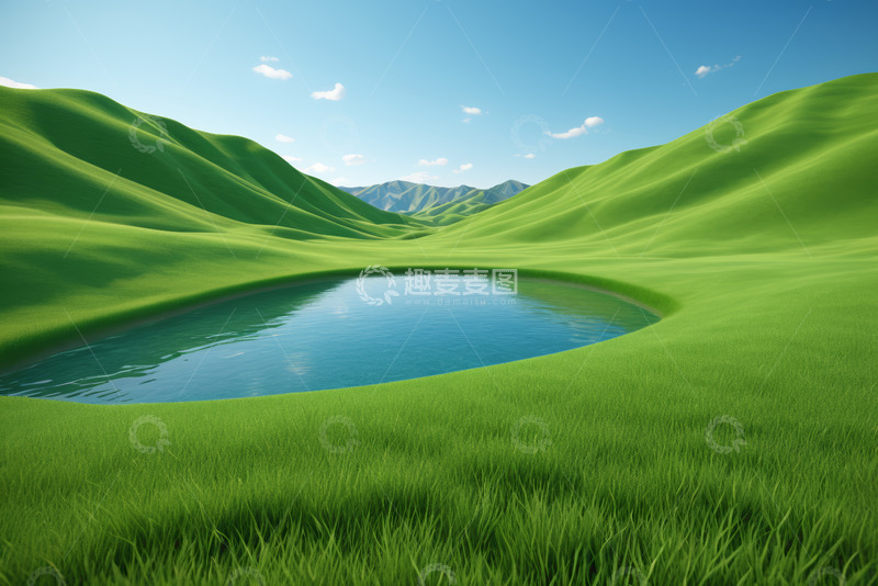 高清大图下载【趣麦麦图】绿色山丘间的宁静湖泊