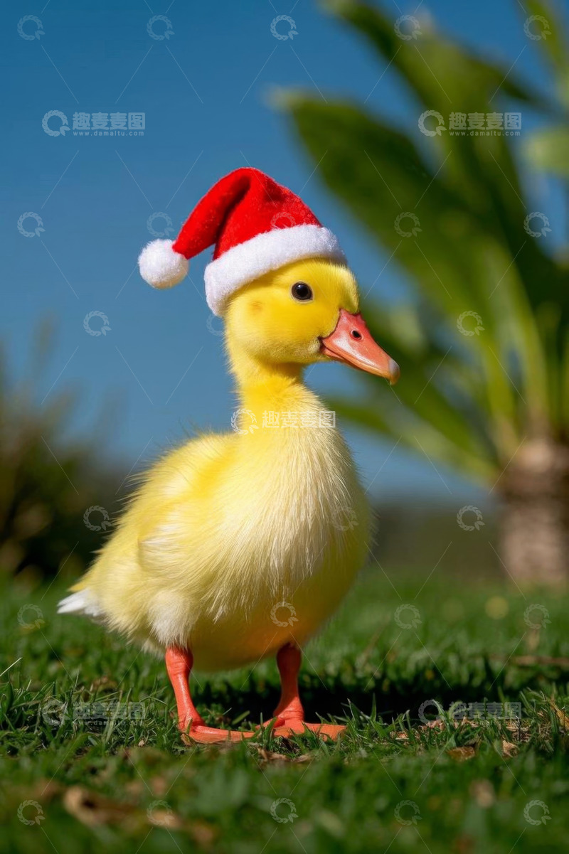 高清大图下载【趣麦麦图】戴圣诞帽的小黄鸭站在草地上