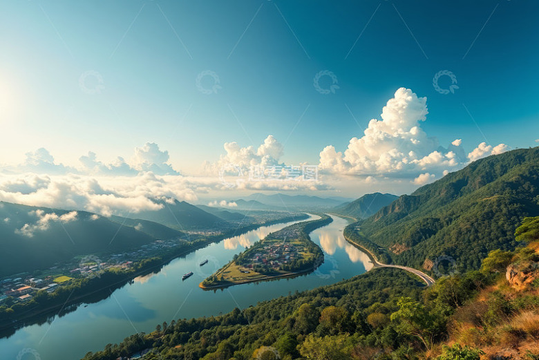 青山绿水间蜿蜒河流全景