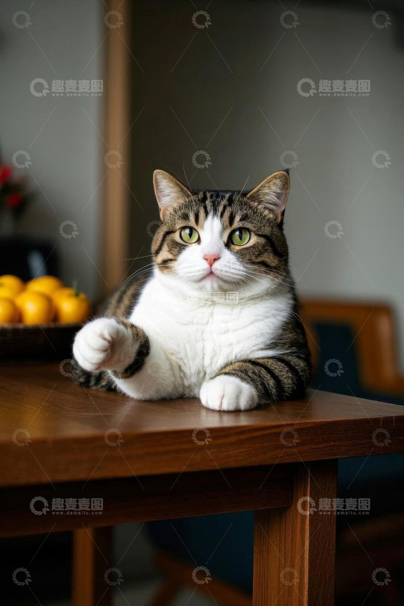 高清大图下载【趣麦麦图】趴在桌上的花纹猫咪