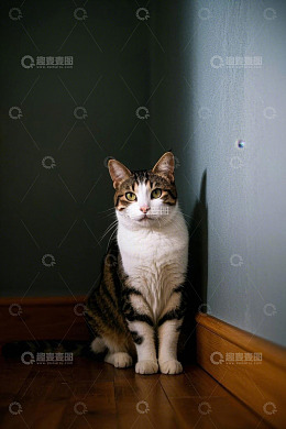 墙角处坐着的三色花纹猫咪