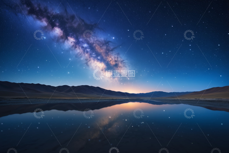 高清大图下载【趣麦麦图】星空下的山脉与平静湖面