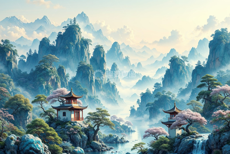 高清大图下载【趣麦麦图】中式山水景观含古典建筑