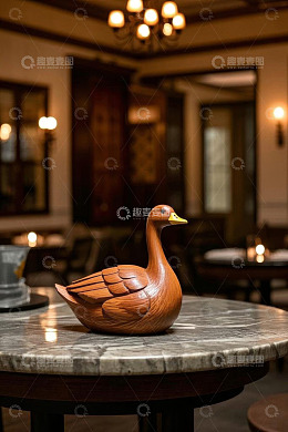 餐厅内大理石桌上的木雕鸭子