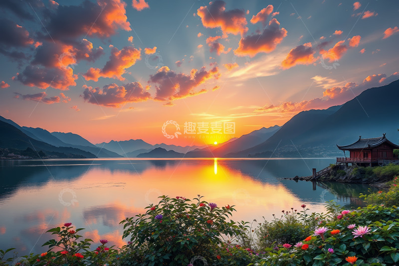 高清大图下载【趣麦麦图】湖畔日落美景