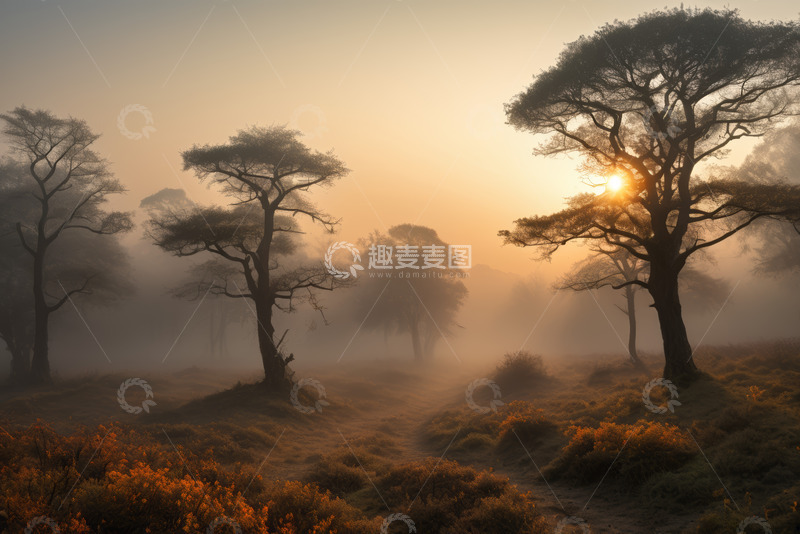 高清大图下载【趣麦麦图】晨雾中森林与初升太阳景象